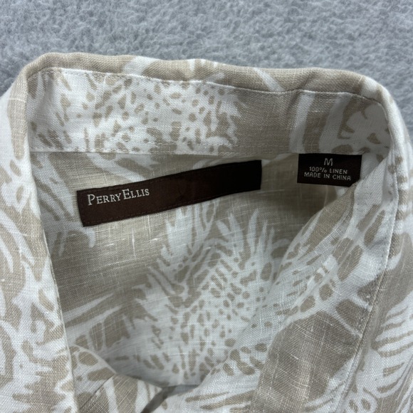 Perry Ellis Shirt Mens Medium Tan Floral Hawaiian Tropical Beach‎ Vacation Linen - Picture 6 of 6